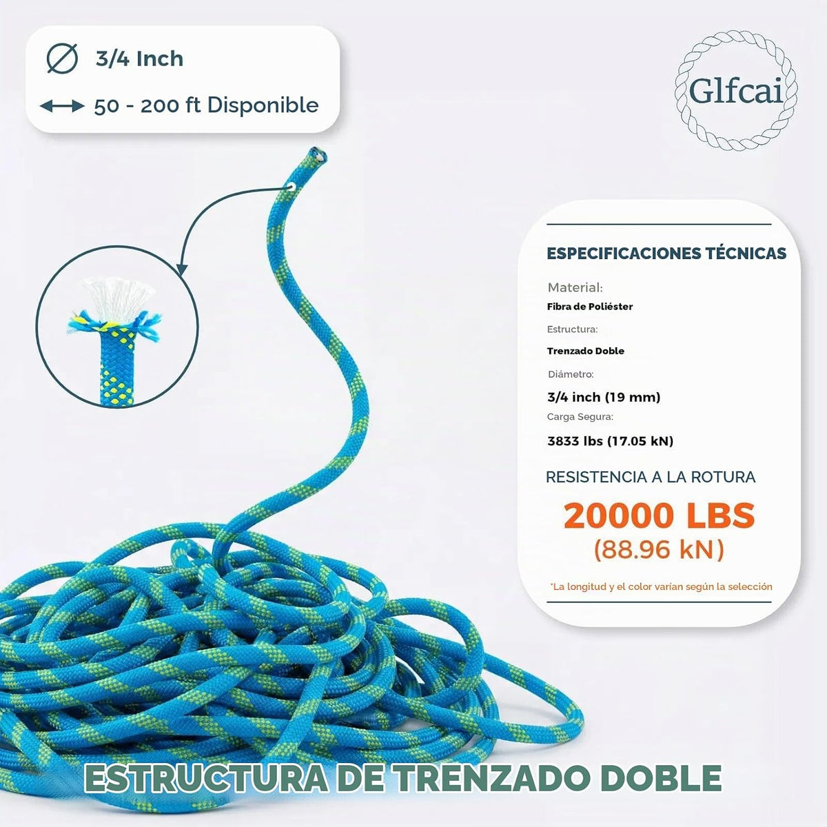 Cuerda de escalada de 3\/4 pulgadas x 200 pies, cuerda de toro azul...