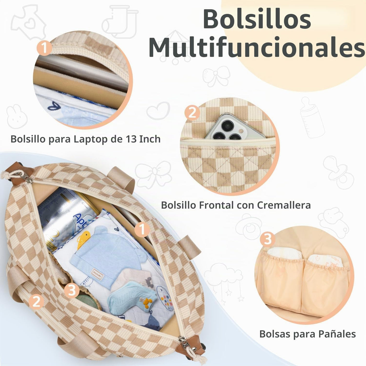 Tenot Bolsa de pañales de pana, bolsa de viaje para pañales con fun...