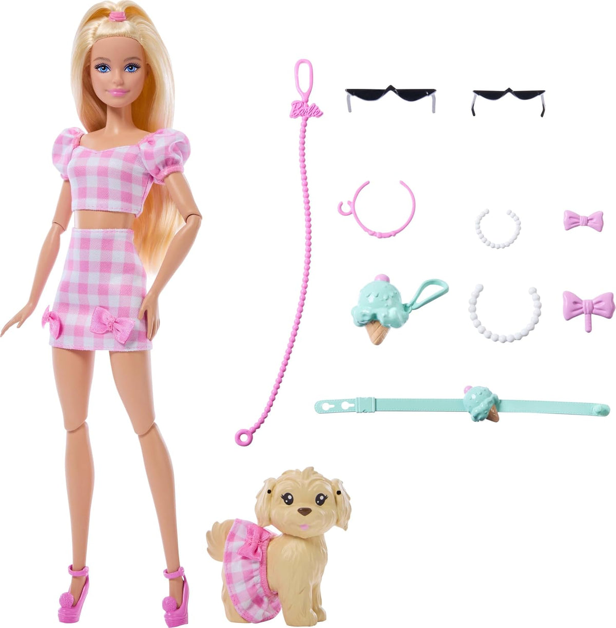 Muñeca Barbie de apariencia hermanada con perro y ropa de cuadros r...