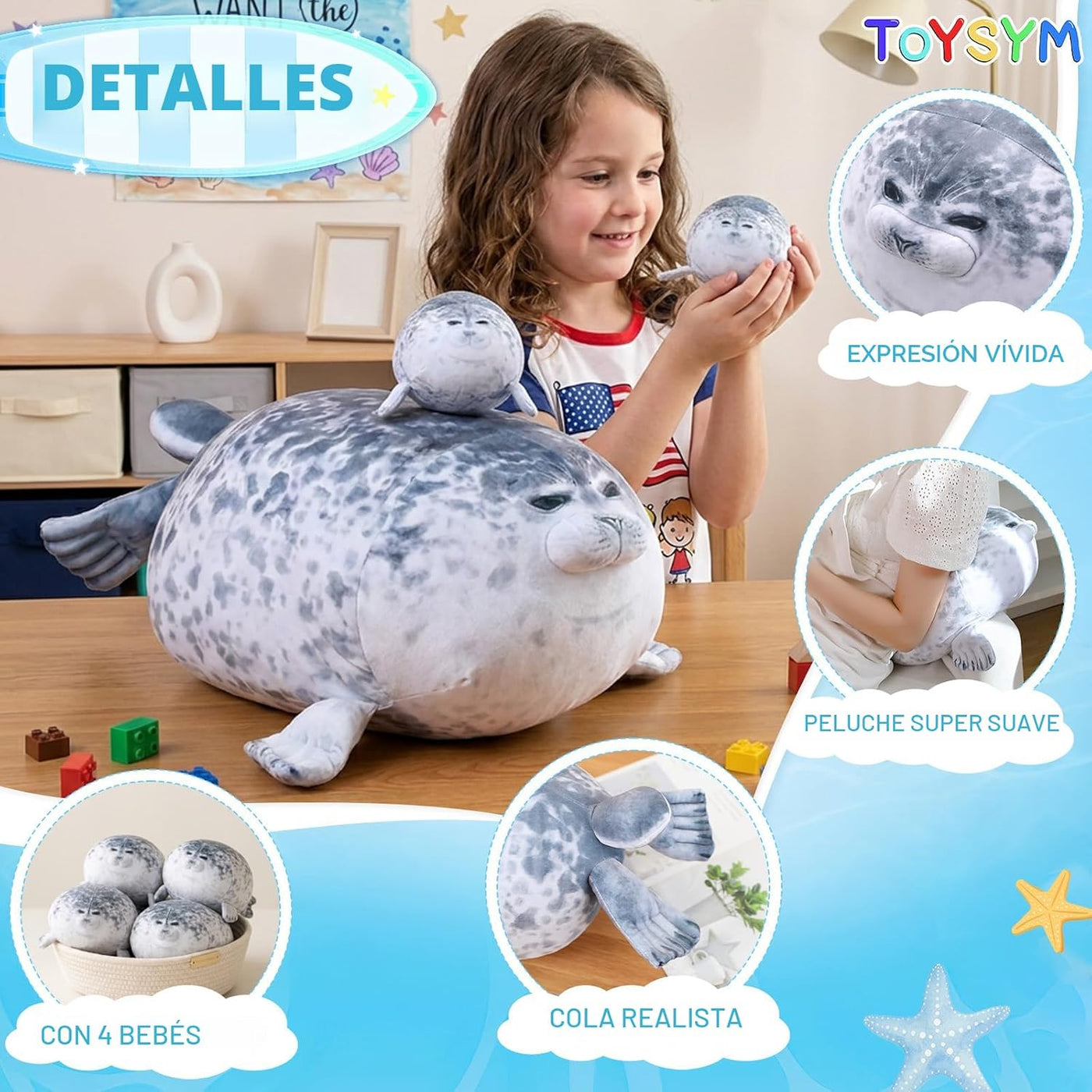TOYSYM - Almohada de foca gordita de peluche linda con 4 peluches b...