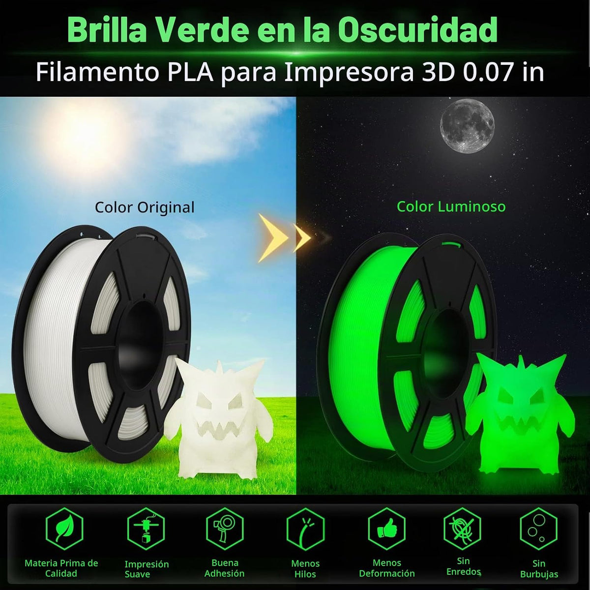 SUNLU Filamento PLA que brilla en la oscuridad, 2.2 libras (2.2 lib...