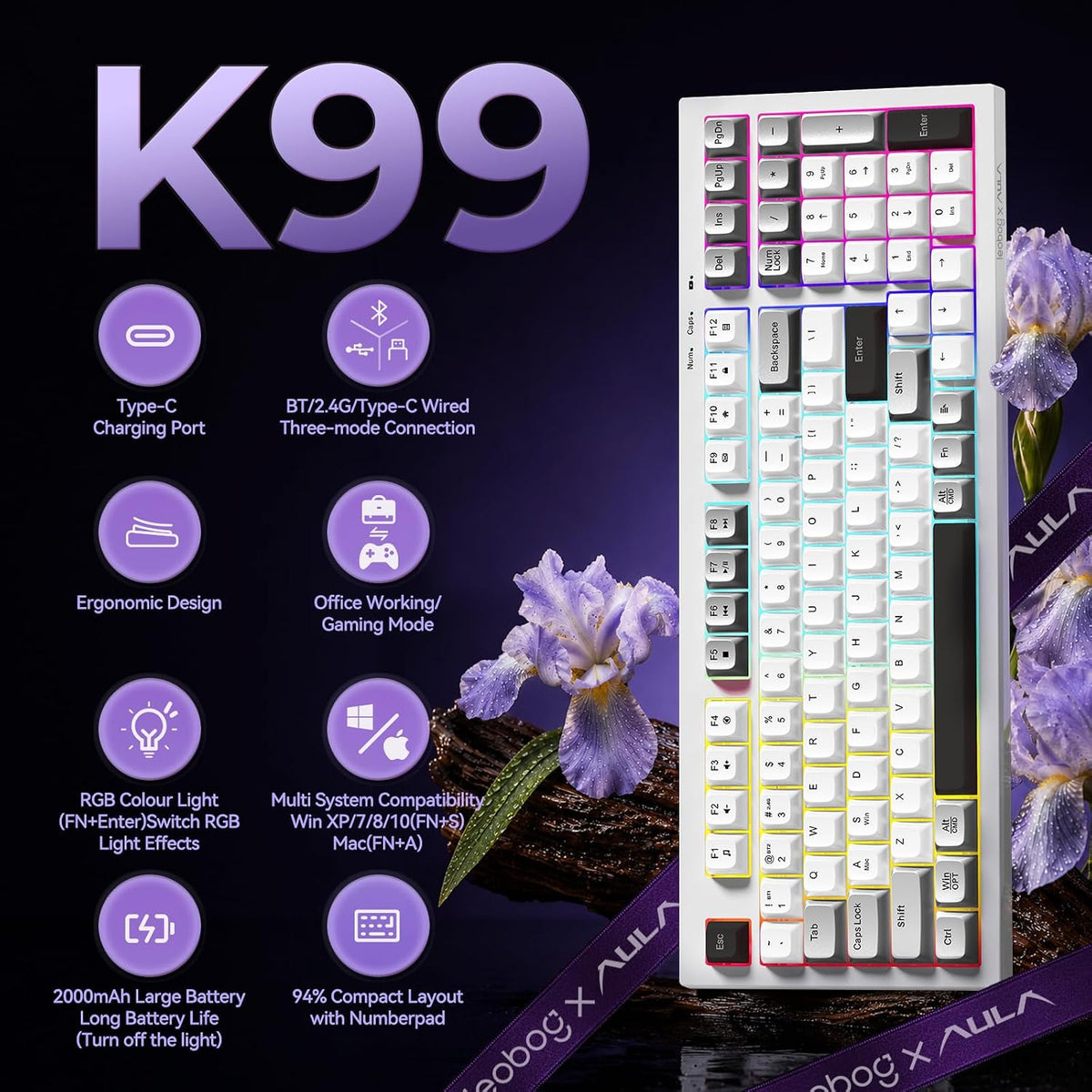 LEOBOG x Aula Teclado Inalámbrico 98 Teclas Teclados de Membrana de...