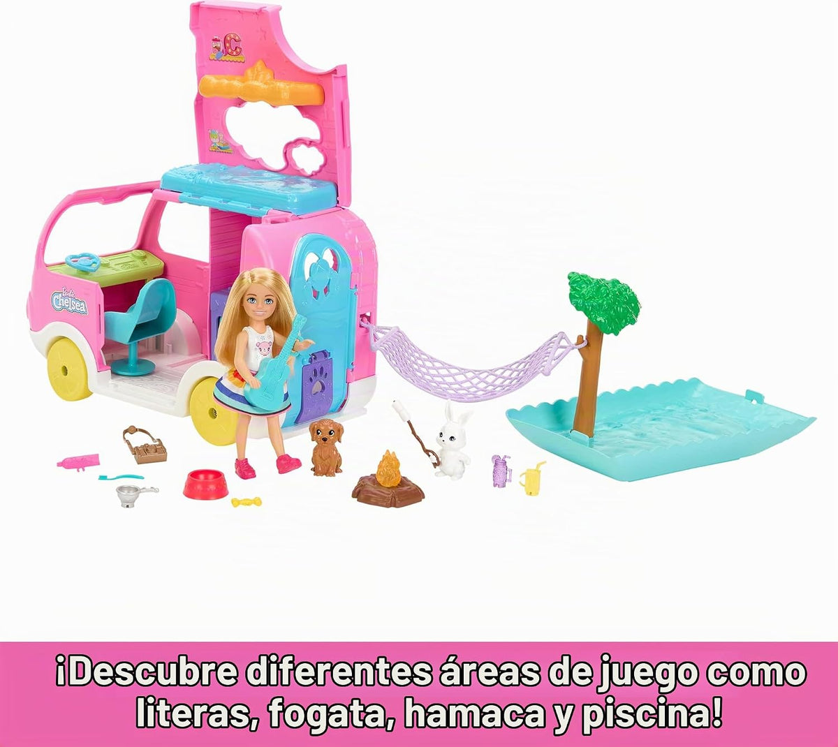 Barbie Camper, Chelsea 2 en 1 Playset | Muñeca pequeña, 2 mascotas...
