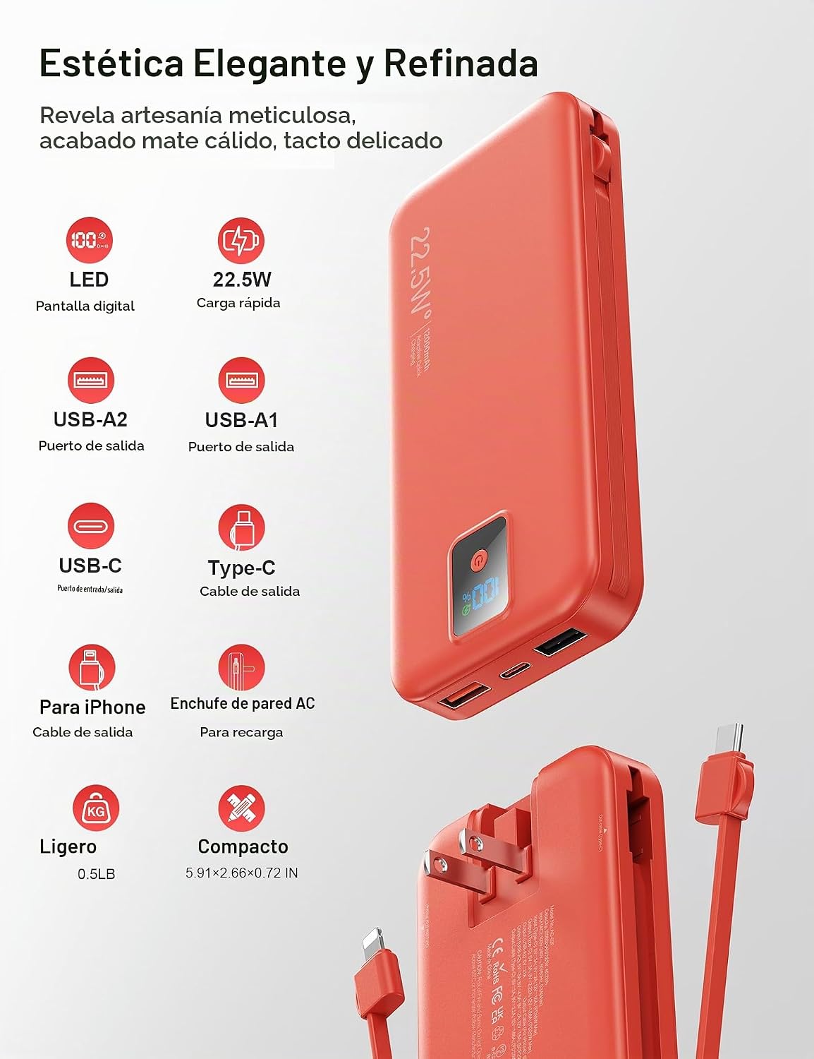 Rngsnoy Cargador portátil 12000mAh 22.5W w\/Cable incorporado y enc...