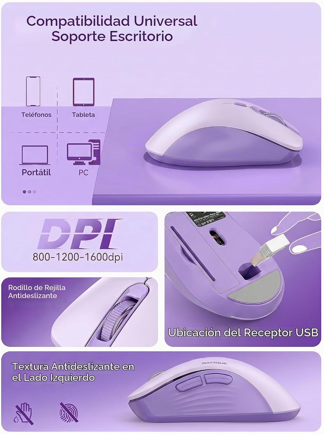 RAPIQUE Ratón inalámbrico Bluetooth, Bluetooth dual y 2.4 GHz, mora...