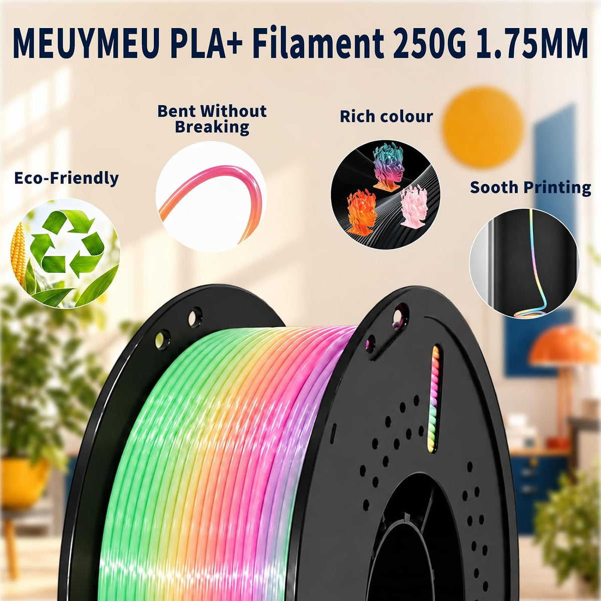 Filamento de impresora 3D Candy Silk Rainbow PLA+ de 0.07 in, 2.2 l...