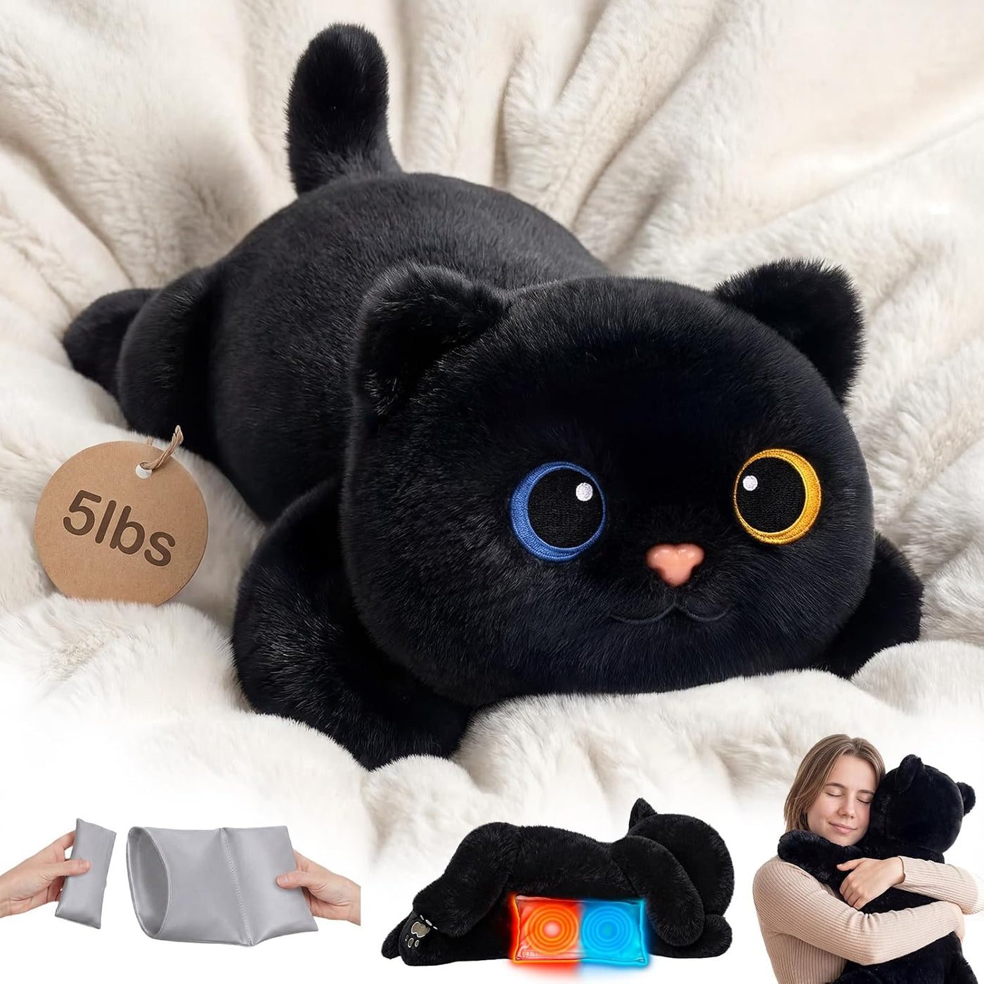 Mewaii Animales de peluche con peso, gato negro, calentable, refrig...