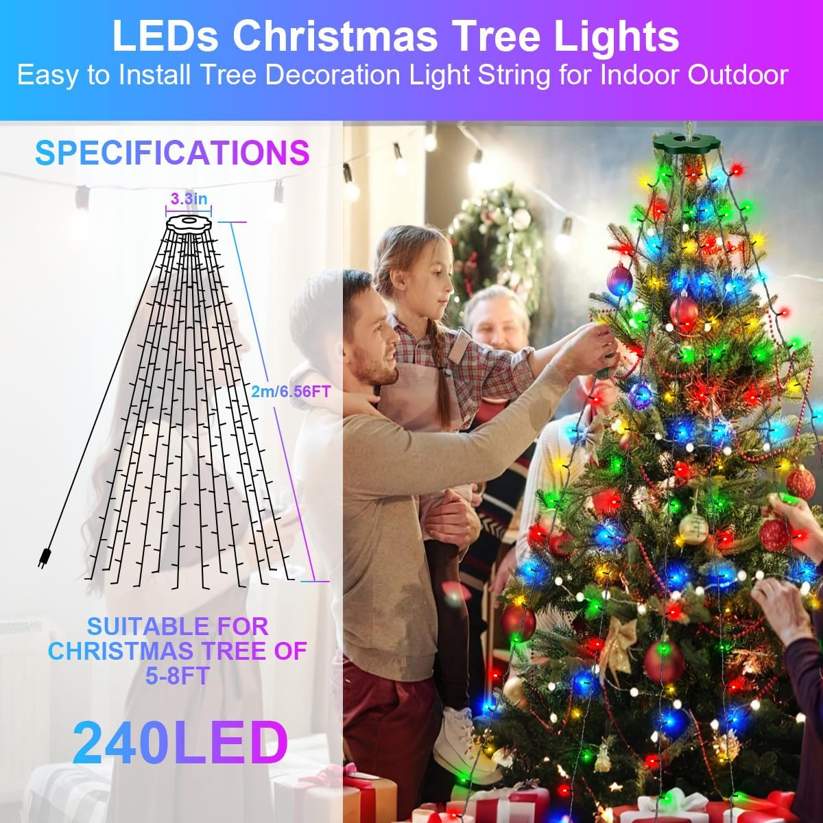 ROSCOO Paquete de 2 luces para árbol de Navidad, luces de decoració...