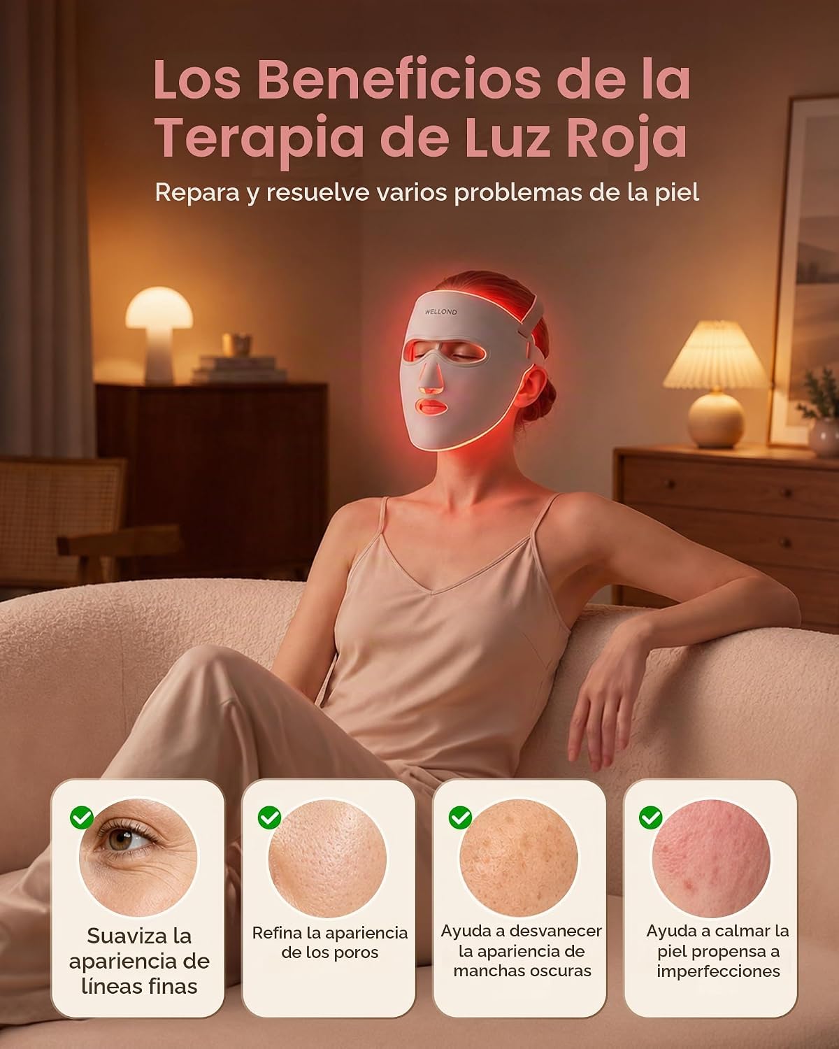 WELLOND Terapia de luz roja para cara, 4 modos, máscara LED roja y...
