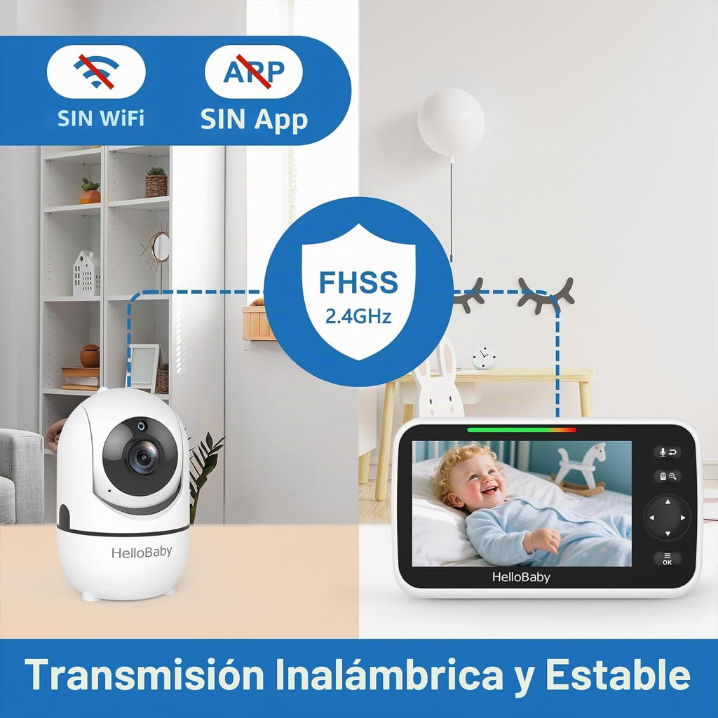HelloBaby Monitor de bebé sin WiFi, pantalla de 5 pulgadas, batería...