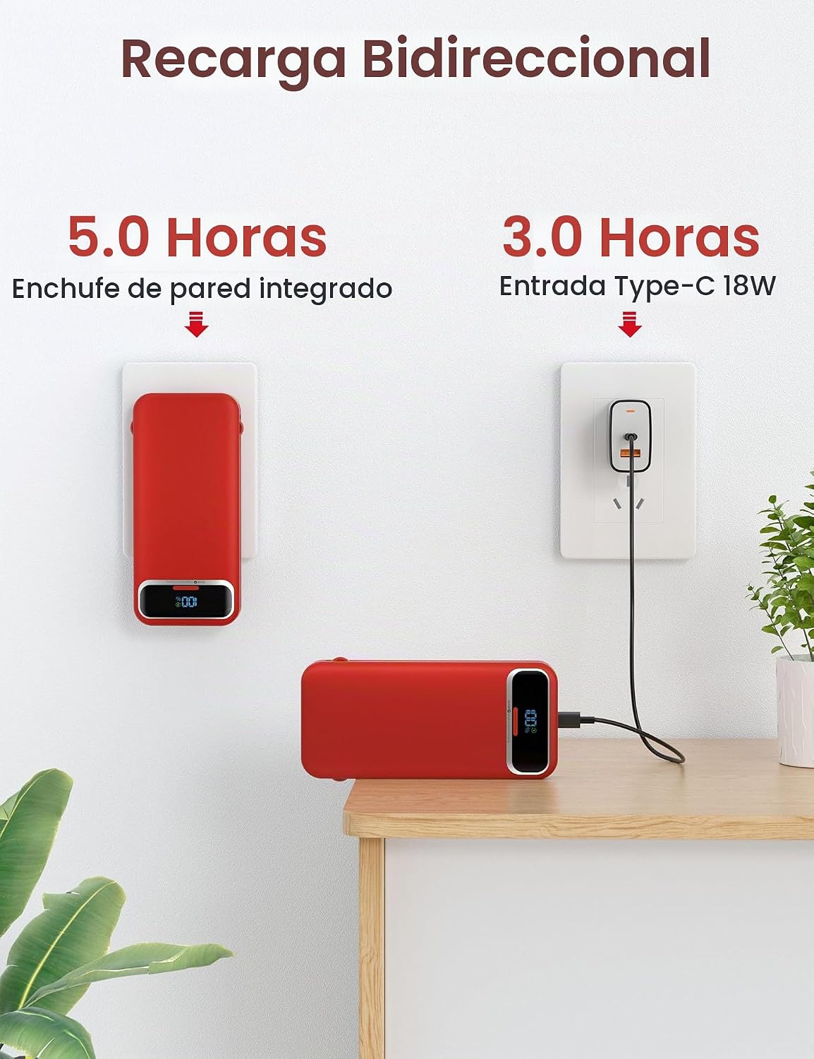 Cargador portátil aonidi de 12000 mAh con cables integrados y enchu...