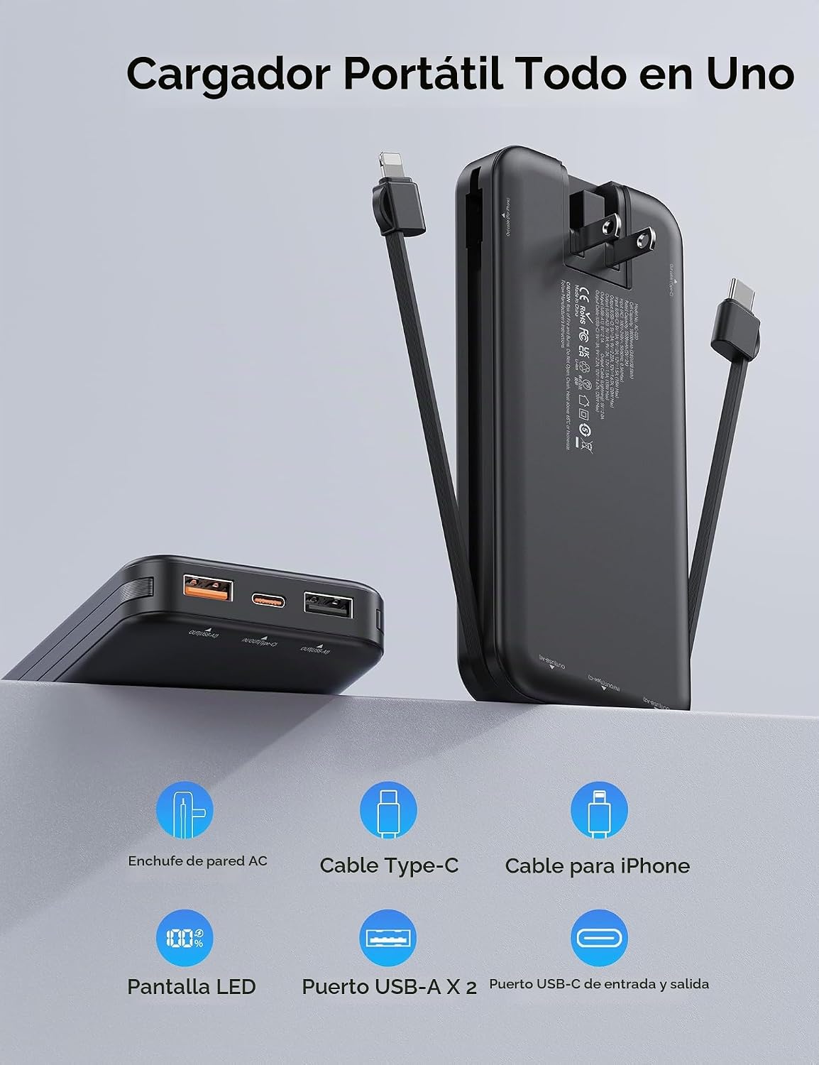 Cargador portátil Power Bank 10000mAh con cables integrados y enchu...