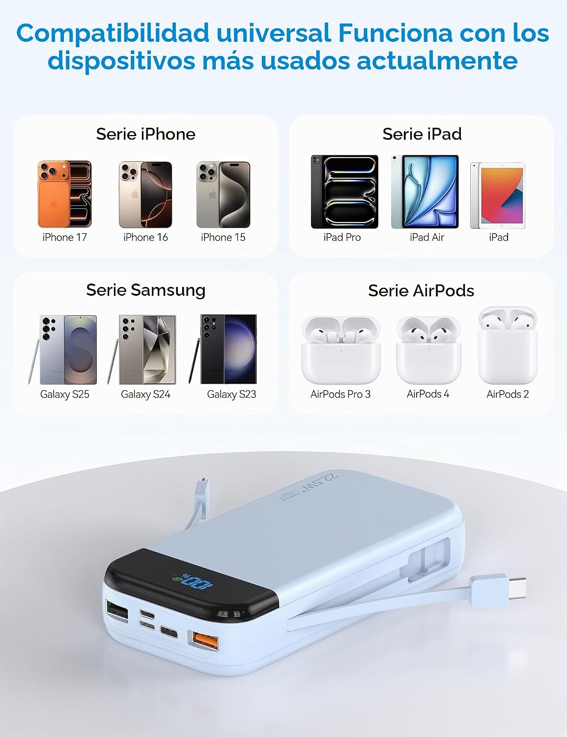 Banco de baterías para teléfono 32000 mAh 22,5 W con cables integra...