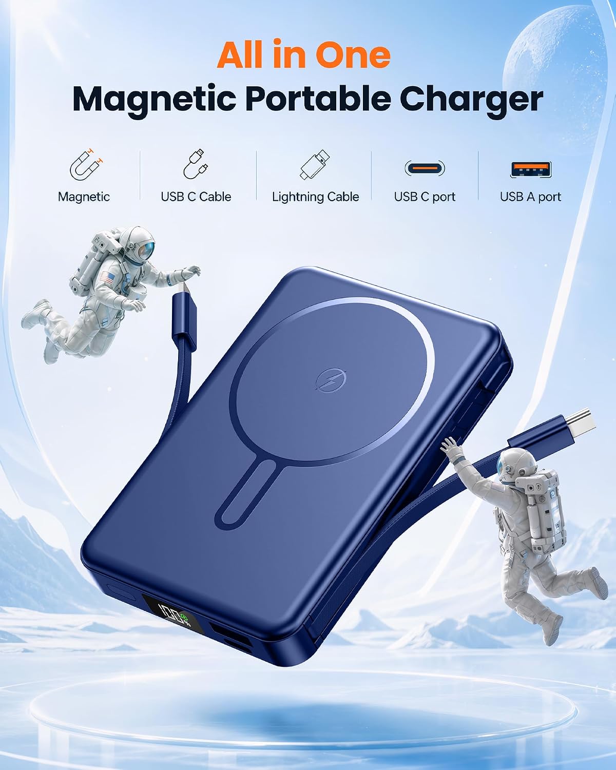 RONEGN Batería magnética delgada de 10,000 mAh con cable incorporad...