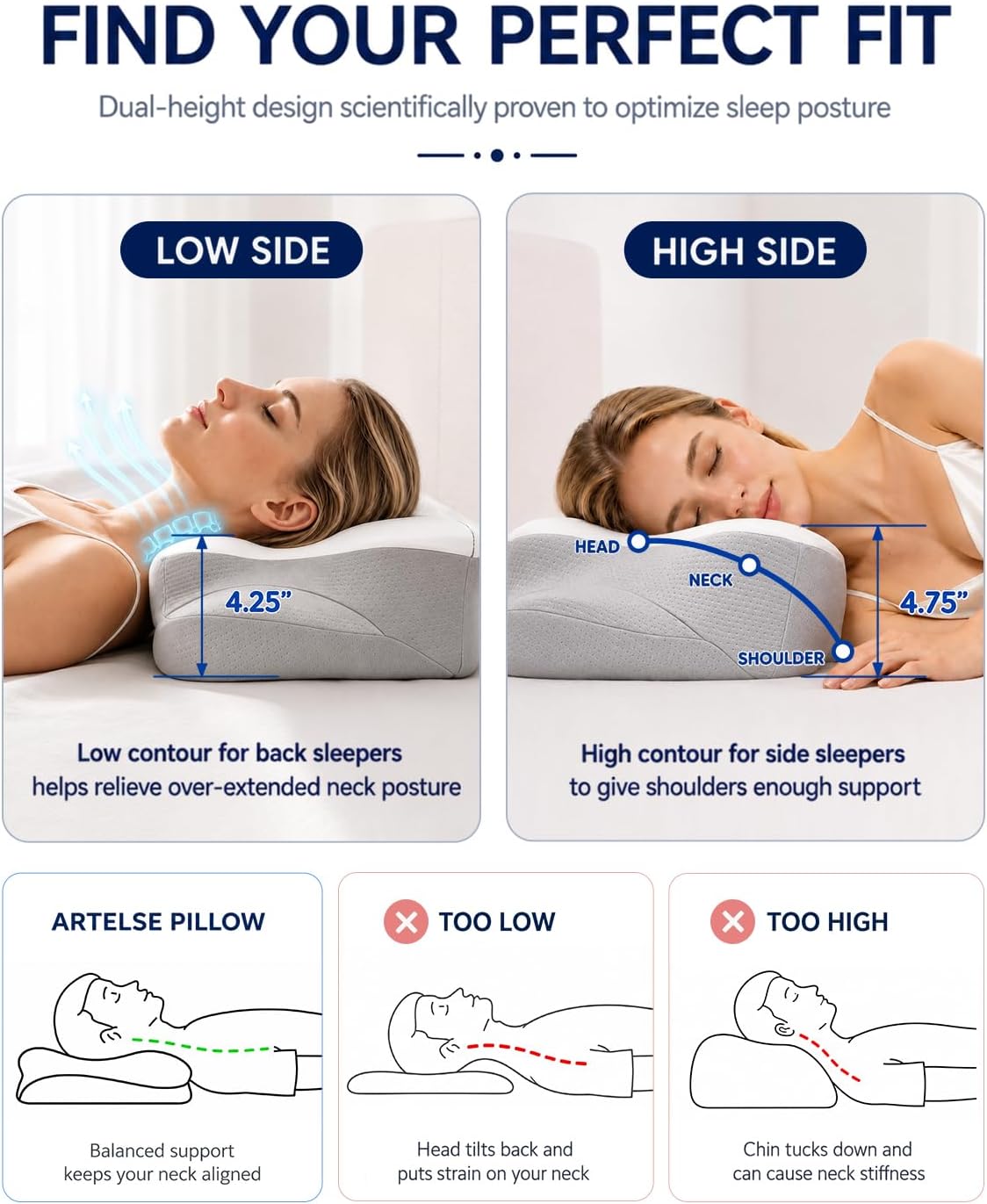 Artelse Almohada cervical para el cuello, almohada para la apnea de...