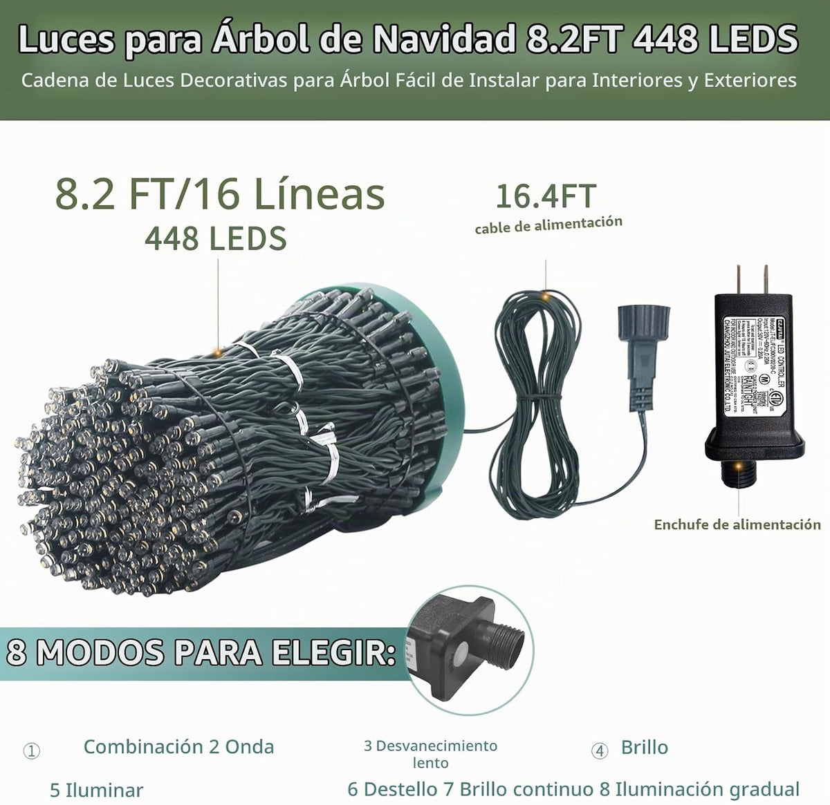 VIL Luces para árbol de Navidad con anillo, 8.2 pies, 16 líneas, 44...