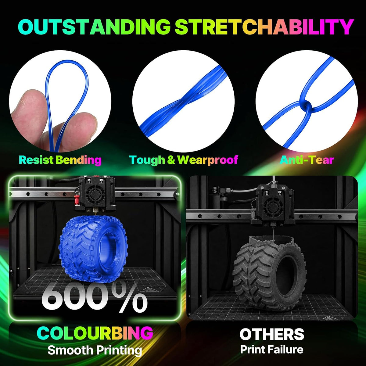 Colourbing Filamento flexible de TPU 95A para impresora 3D, suave y...