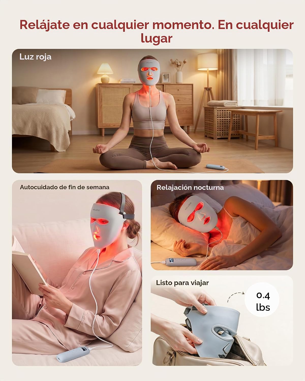 WELLOND Terapia de luz roja para cara, 4 modos, máscara LED roja y...