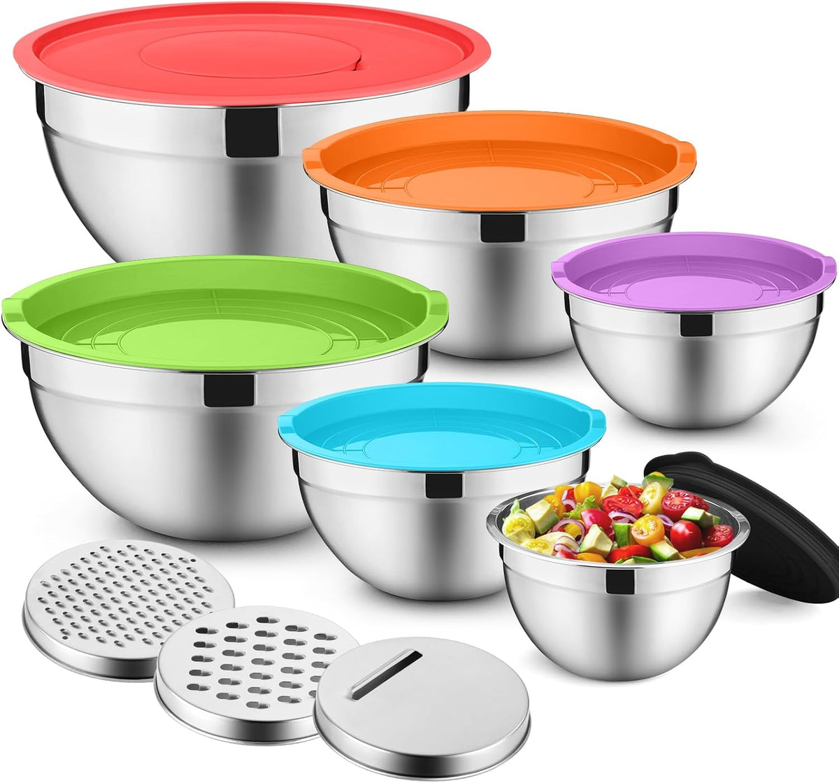 P&amp;P CHEF Juego de 6 tazones para mezclar con tapas, de acero in...