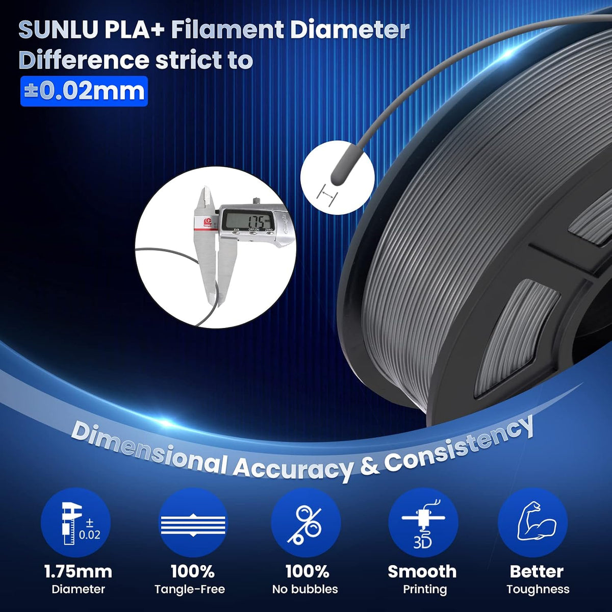 SUNLU Filamento PLA Plus para impresora 3D de 0.07 in, 4.4 lbs, gri...