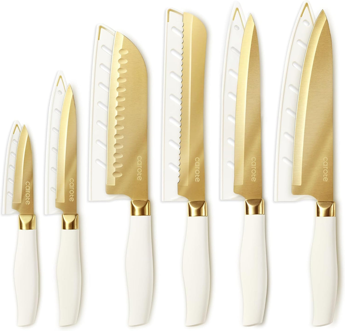 CAROTE Juego de cuchillos de cocina, 6 cuchillos dorados con 6 prot...