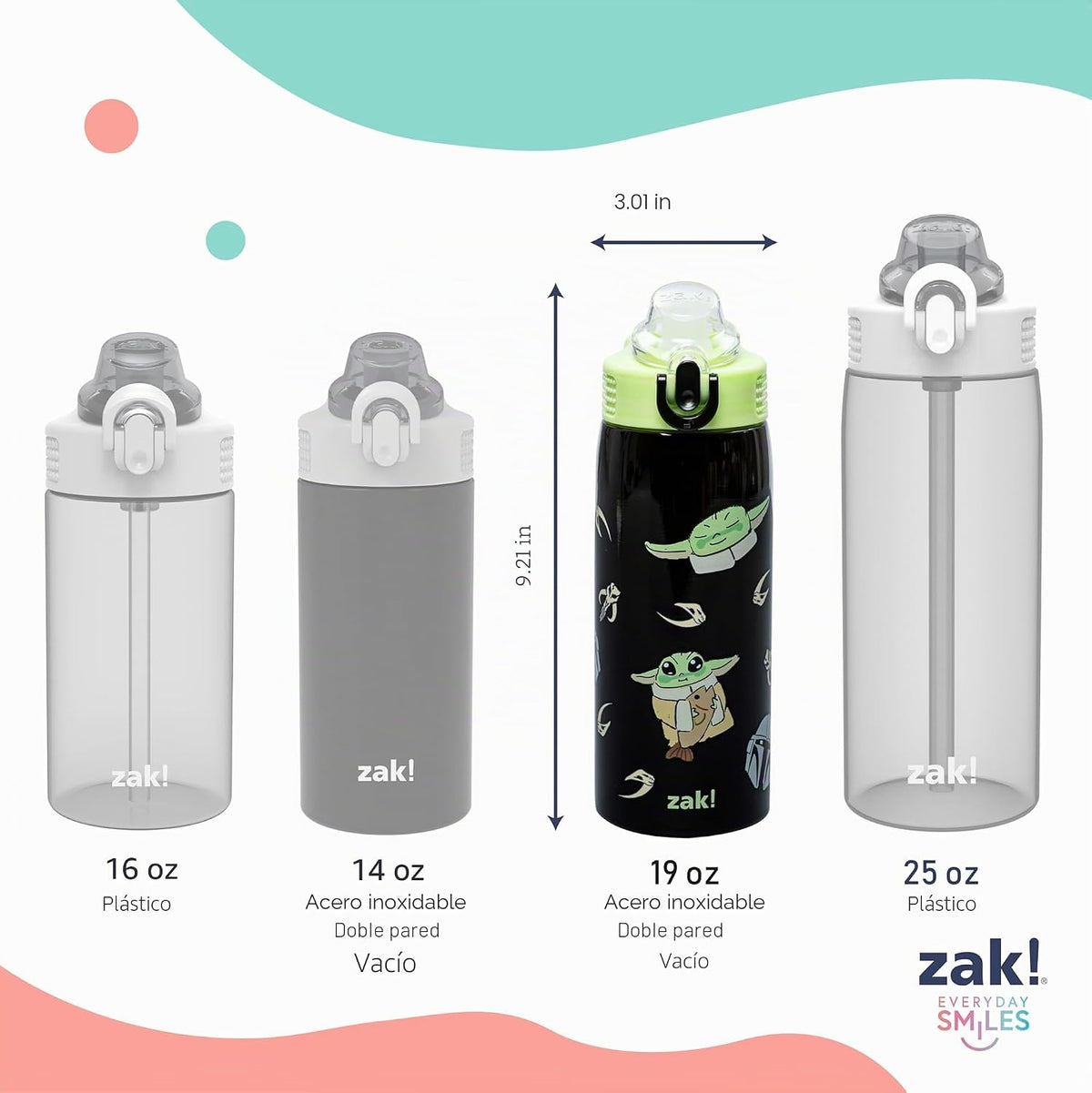 Zak Designs Star Wars Grogu Sage - Botella de agua para niños con p...