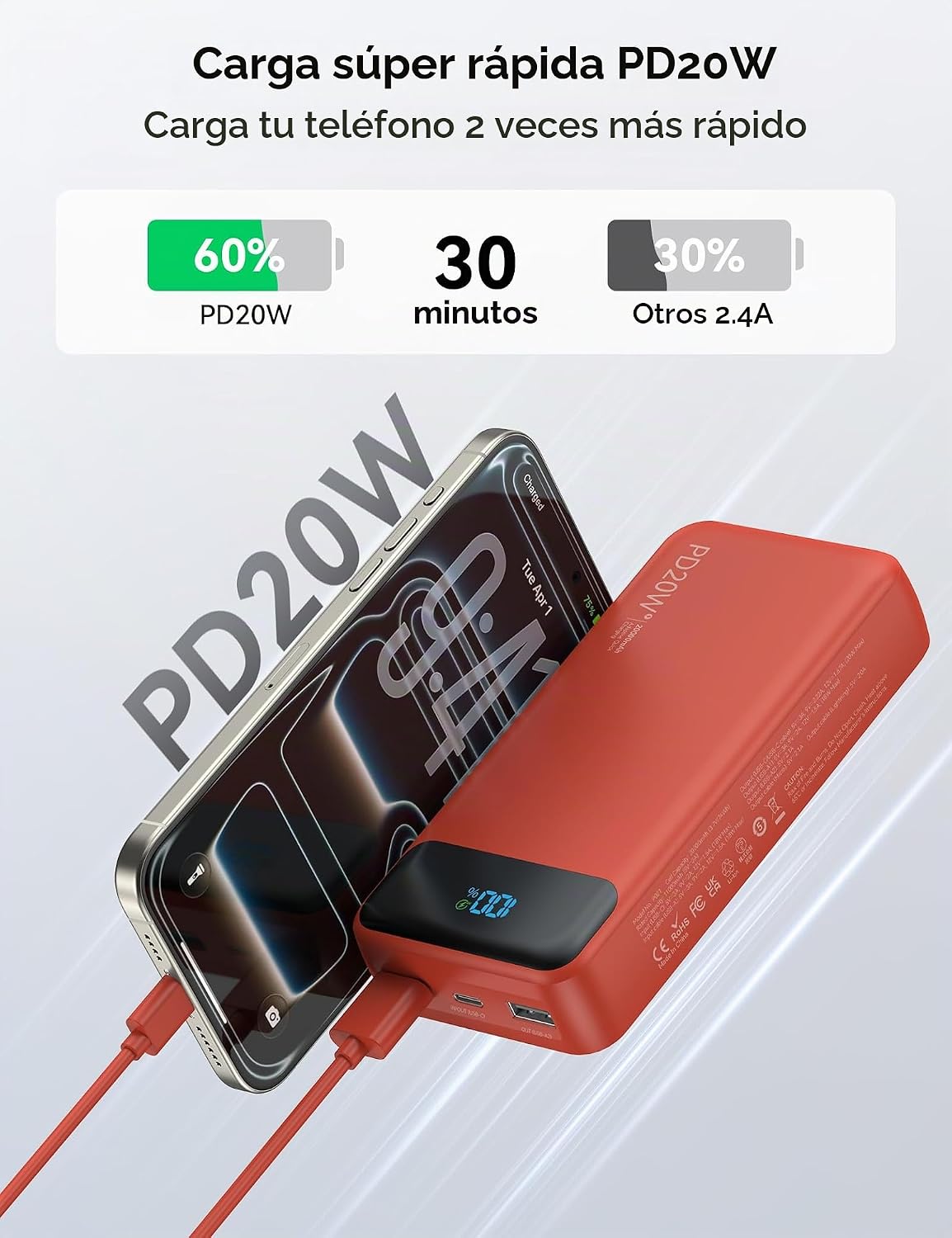 Nusyddy Cargador Portátil 20000mAh con 4 Cables Integrados y 6 Sali...