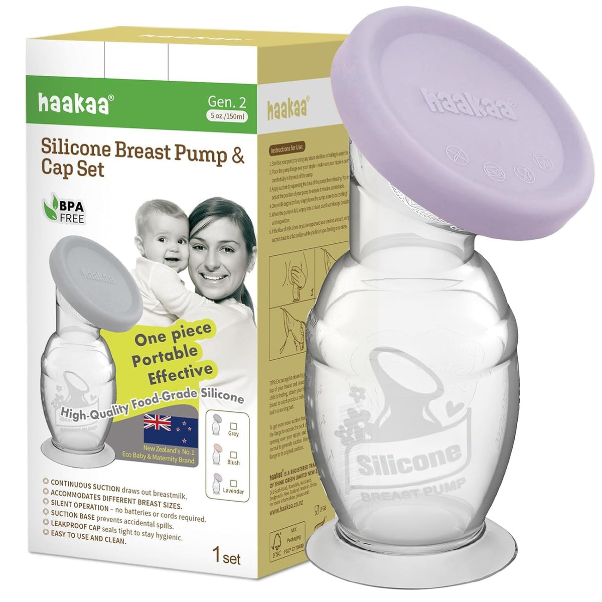 haakaa Extractor de leche de silicona y tapa de silicona (lavanda)...