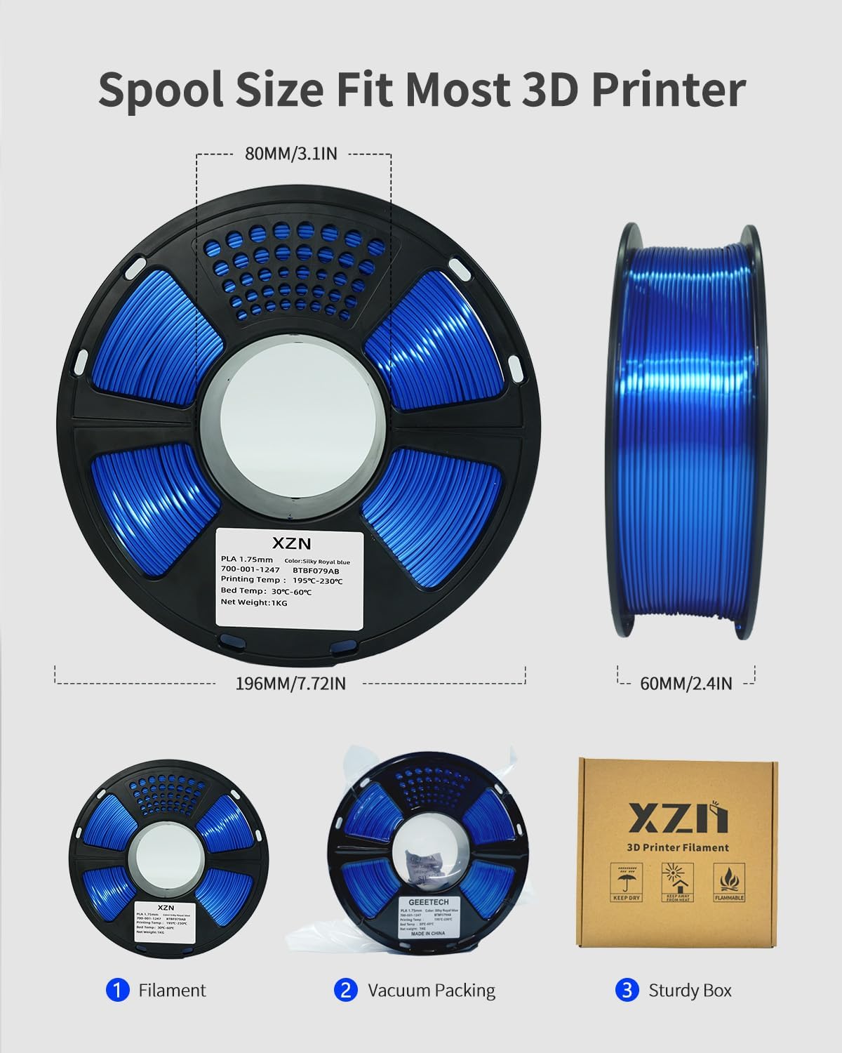 XZN - Filamento PLA de seda 1.75mm, filamento brillante metálico az...