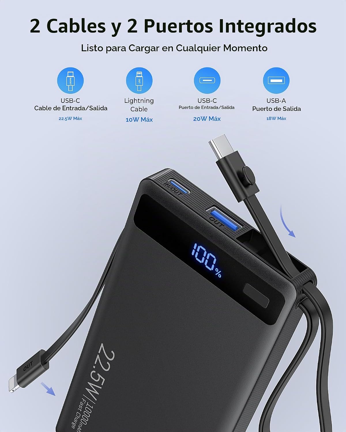 Banco de energía de 10000 mAh con 2 cables incorporados, cargador p...