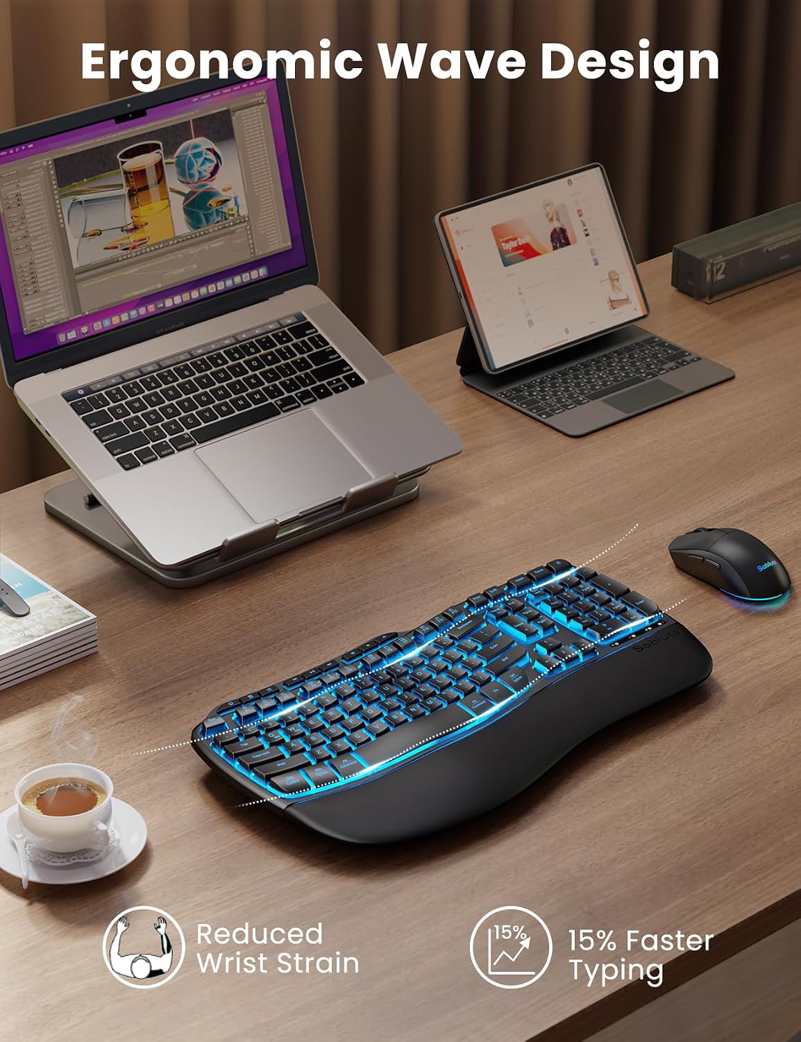 Combo ergonómico de teclado y mouse inalámbricos, teclado retroilum...