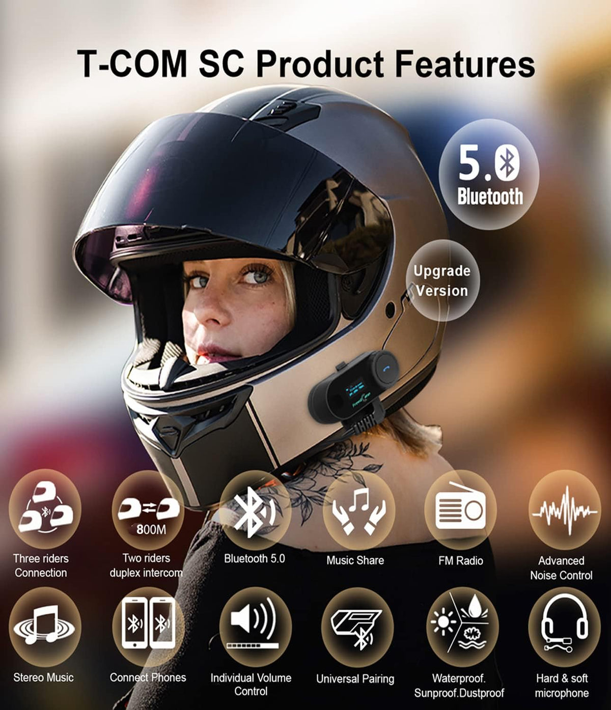FreedConn Auriculares Bluetooth para motocicleta, interfono de 2 ví...