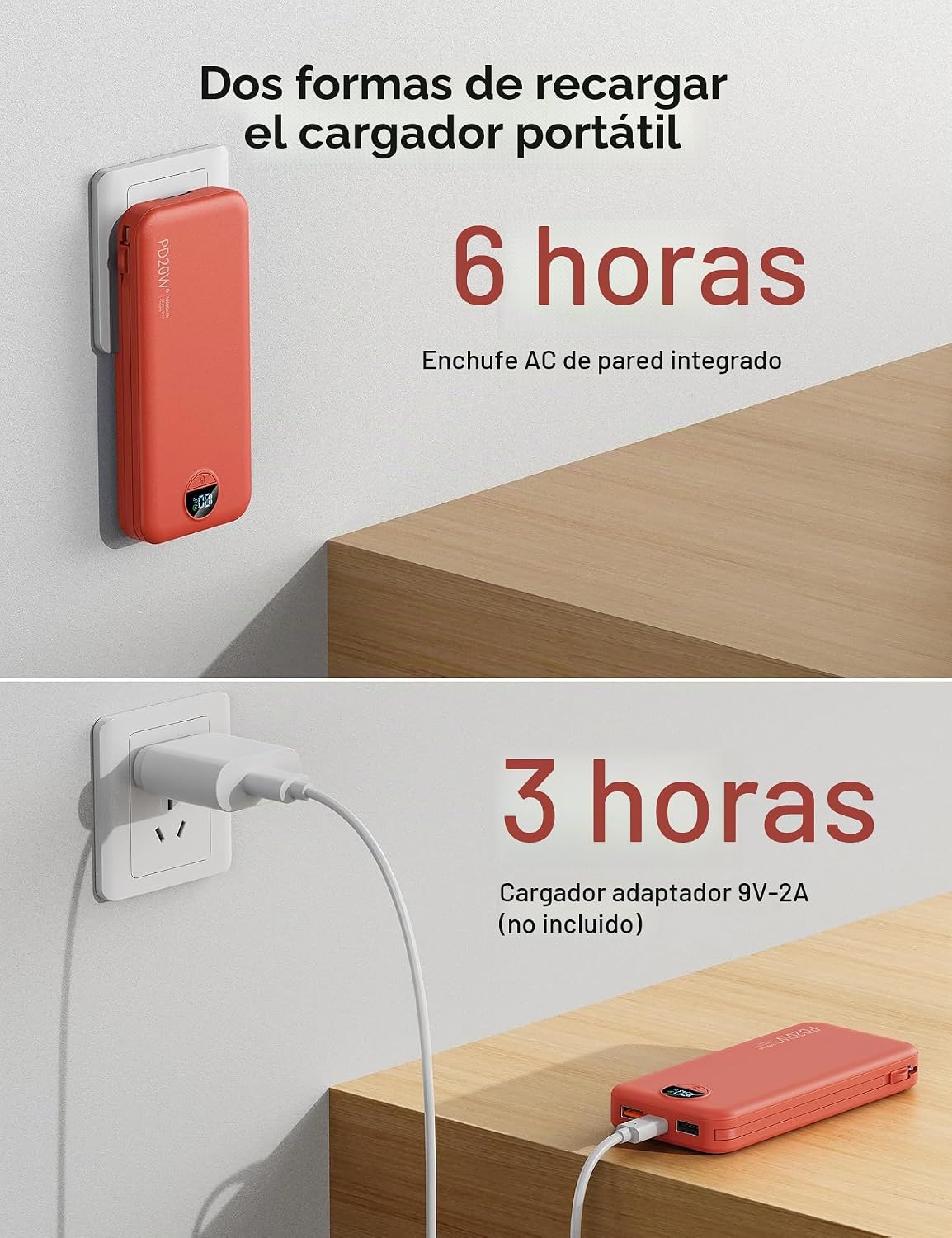 Cargador portátil Power Bank 10000mAh con cables integrados y enchu...