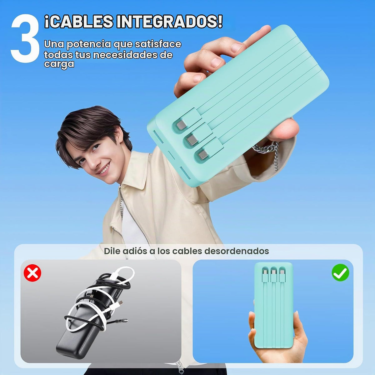 Cargador portátil de 50800 mAh con 3 cables integrados, 25 W PD QC4...