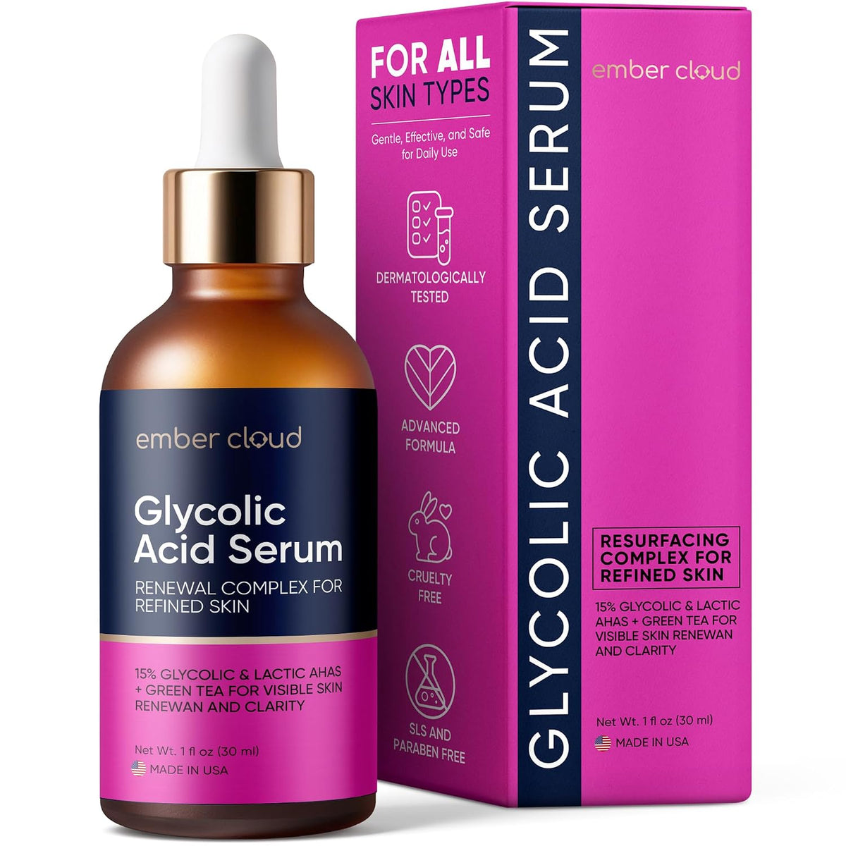Ember Cloud Suero de ácido glicólico para cara 15%, ácido láctico y...
