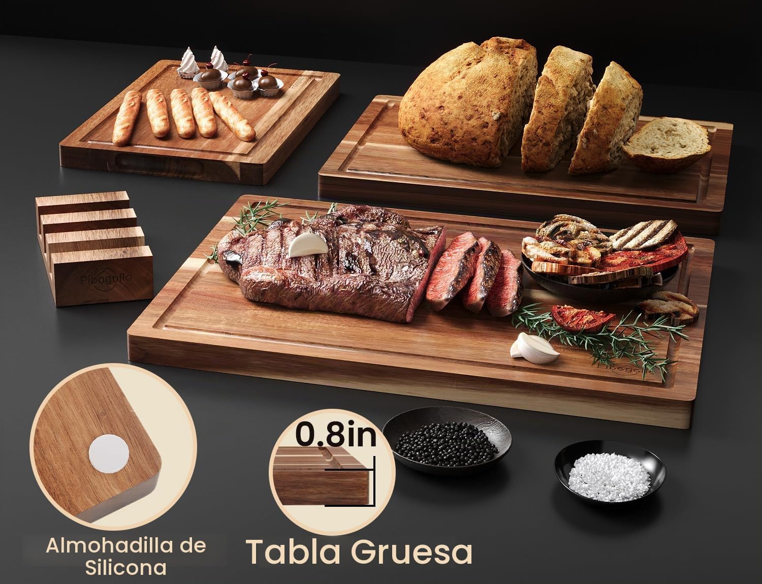 Fibogollo Tablas de cortar de madera de acacia para cocina (juego d...