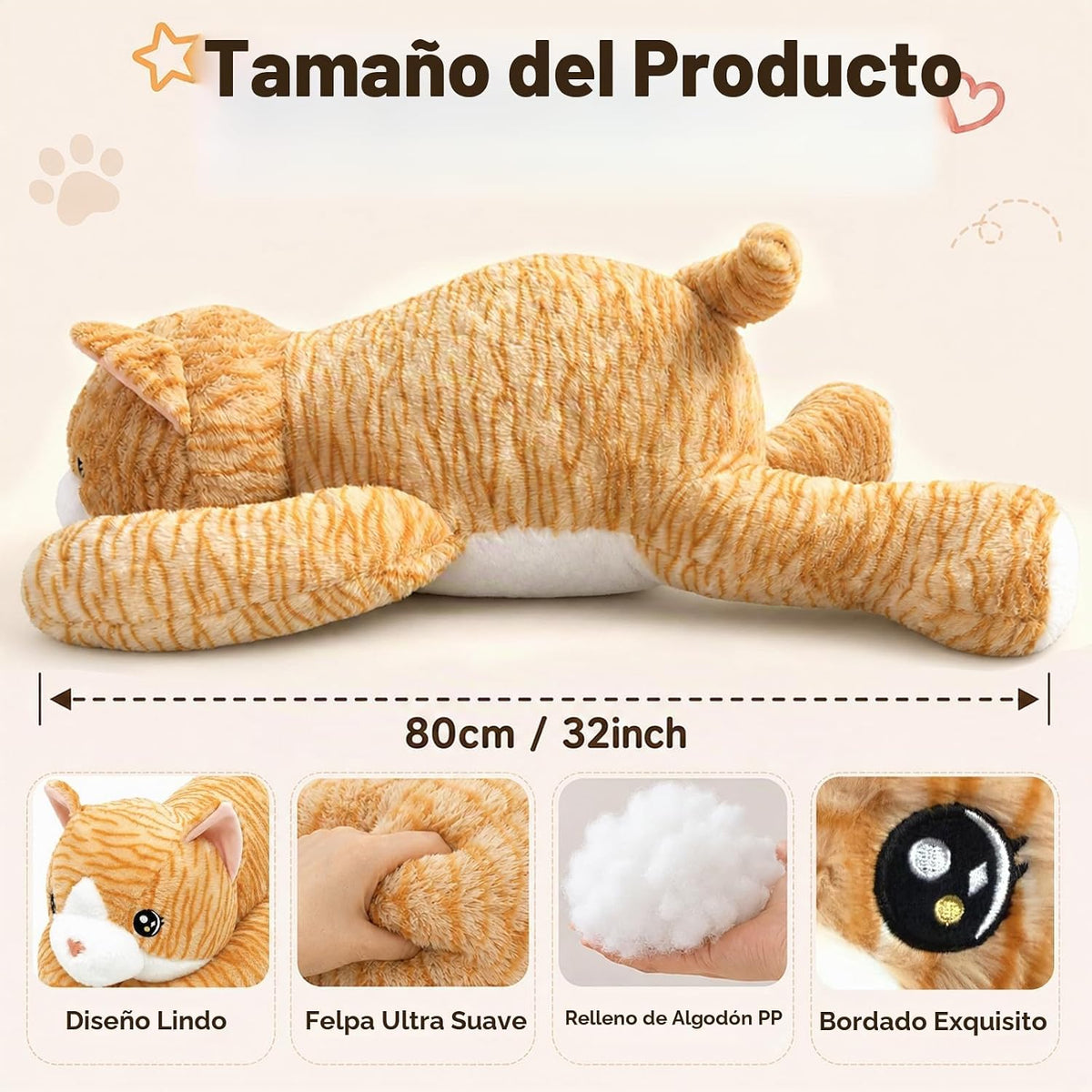 Peluche de gato gigante de 32 pulgadas, almohada grande de felpa de...