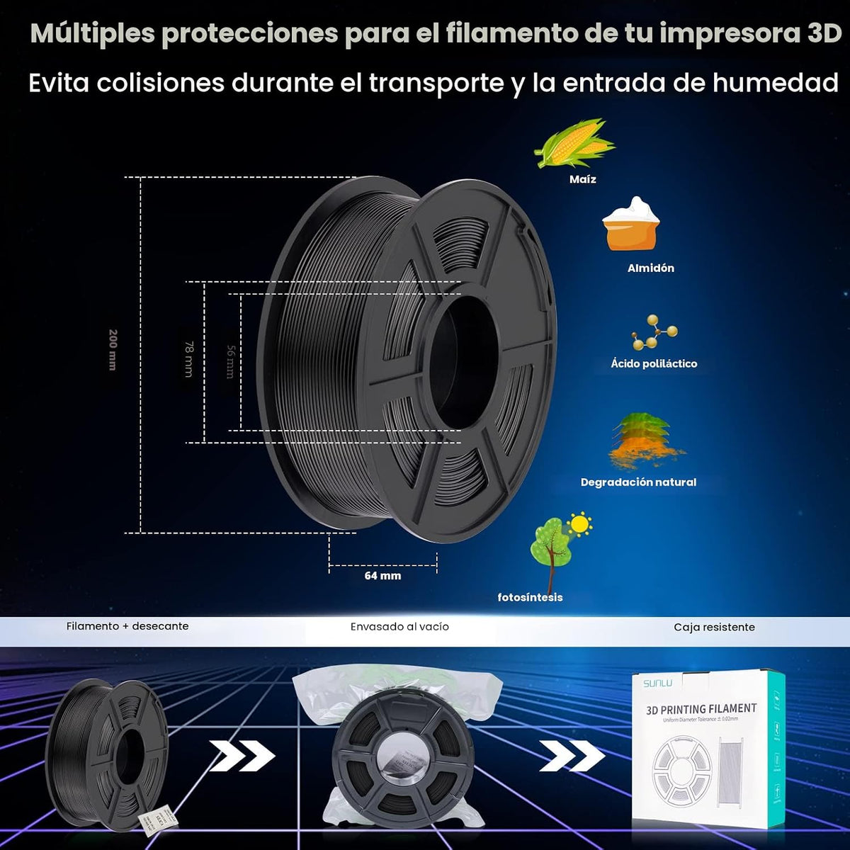 SUNLU Filamento PLA Plus de 0.07 in, paquete de 22 lbs, blanco y ne...