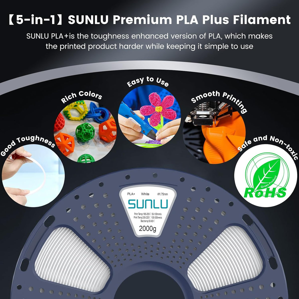 SUNLU Filamento PLA Plus para impresora 3D de 0.07 in, carrete gran...