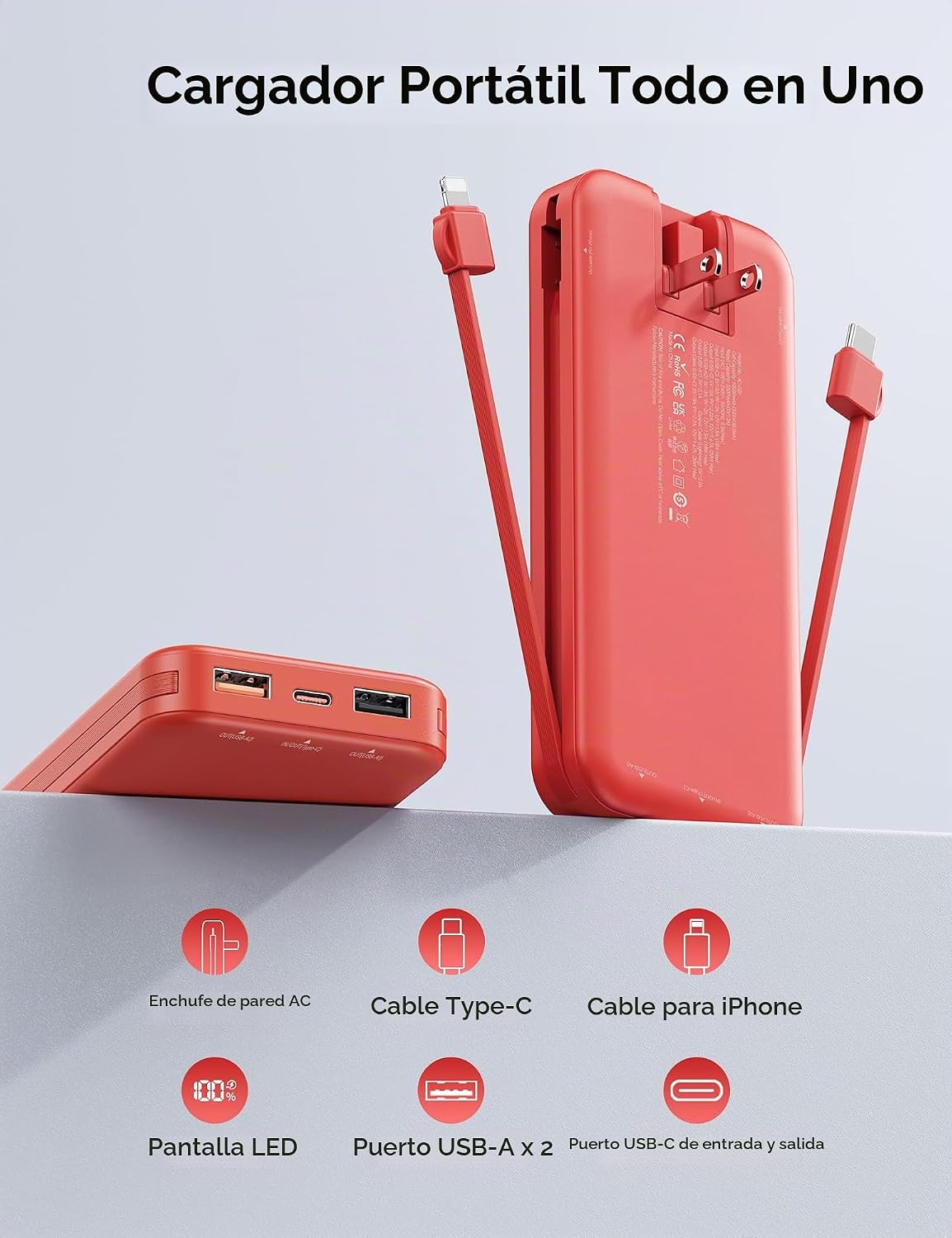 Cargador portátil Power Bank 10000mAh con cables integrados y enchu...