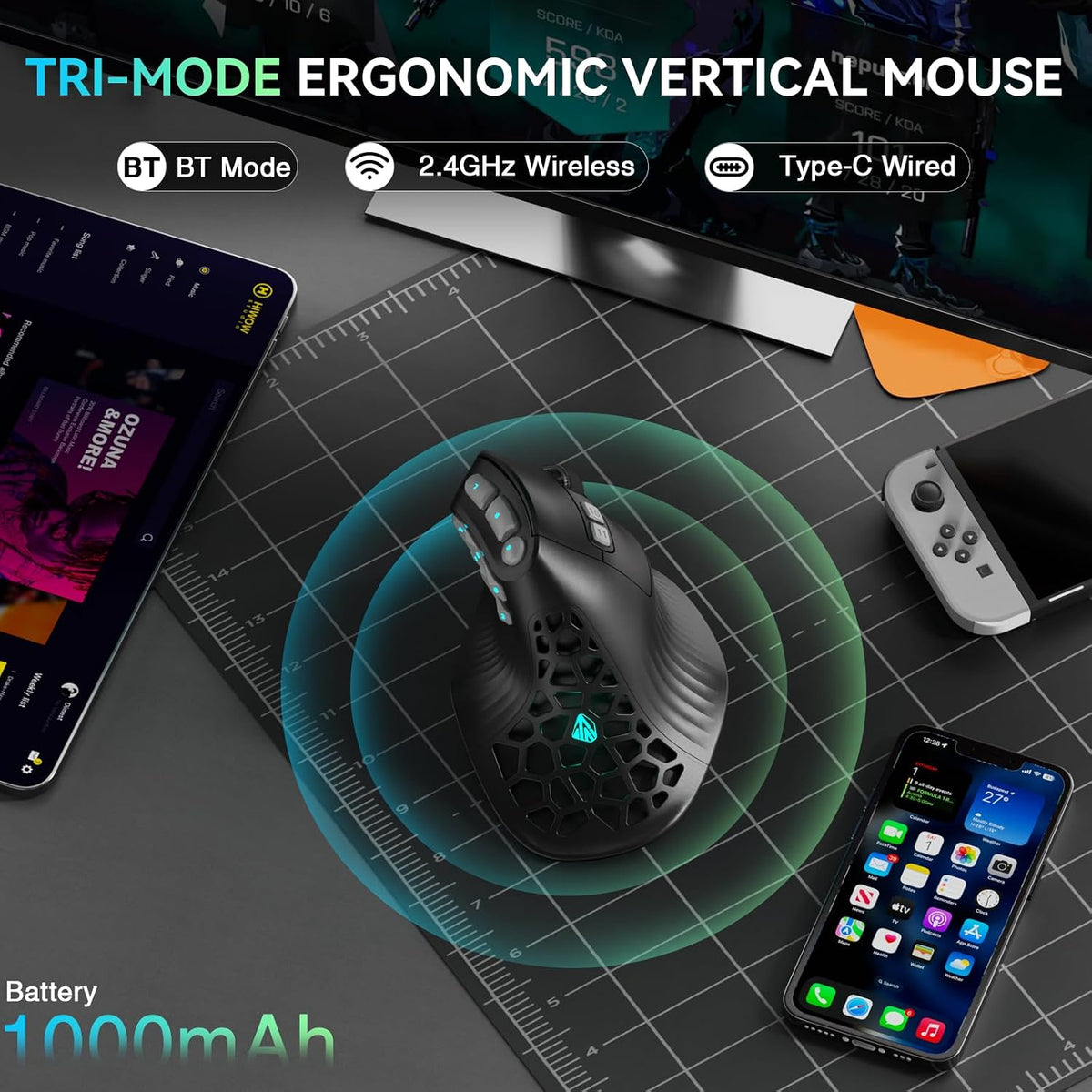 SOLAKAKA E9 PRO - Mouse vertical MMO para juegos con dongle 8K, sen...