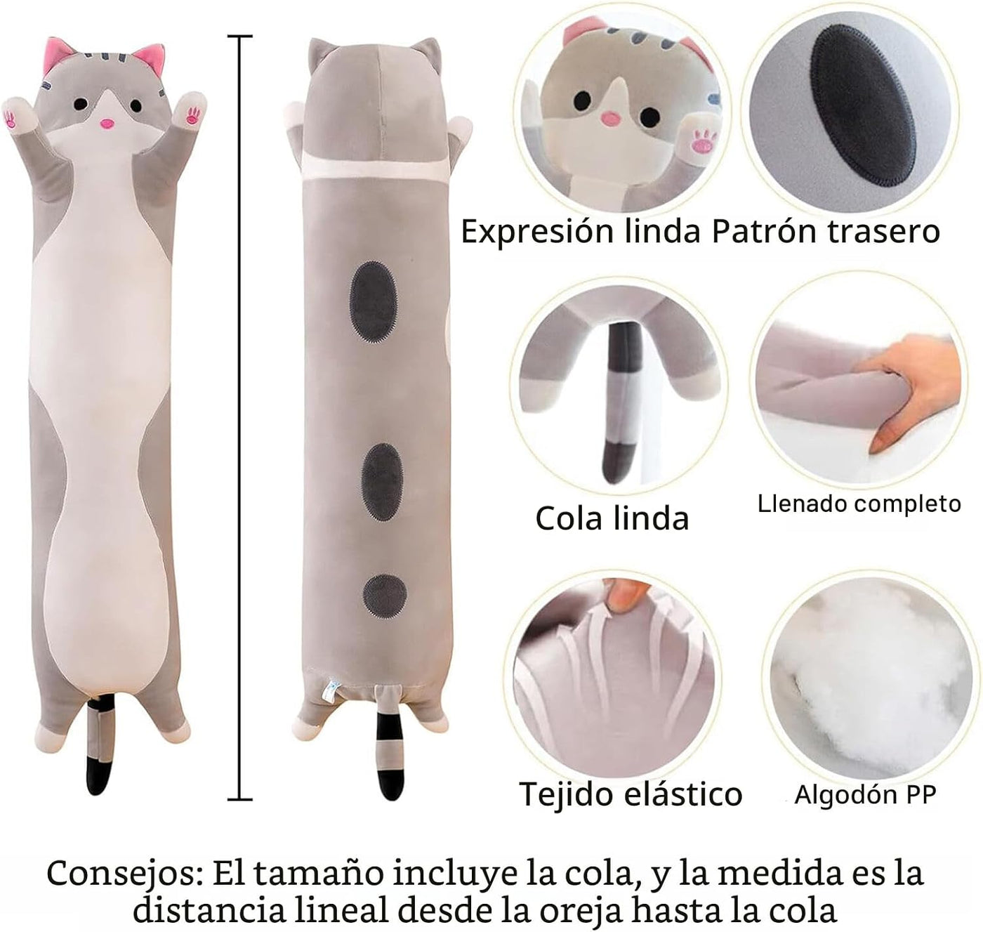 Almohada larga de felpa suave con diseño de gato para abrazar, almo...