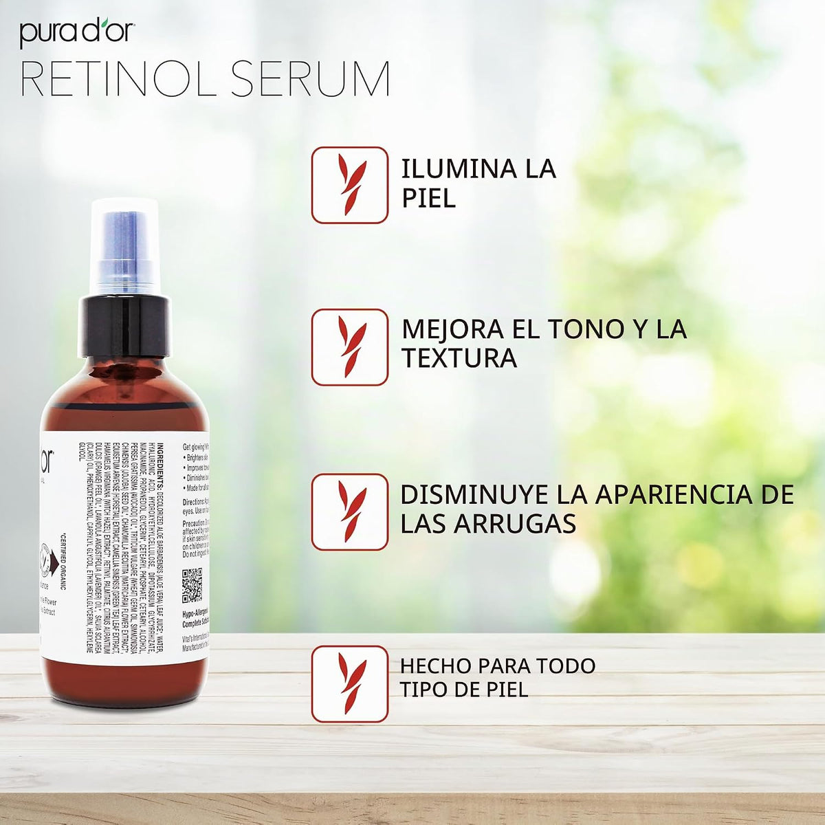 PURA D'OR Suero facial de retinol tratamiento nocturno para ton...
