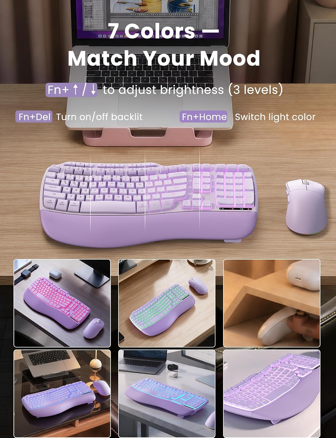 Combo de teclado y mouse inalámbricos ergonómicos morados, teclado...