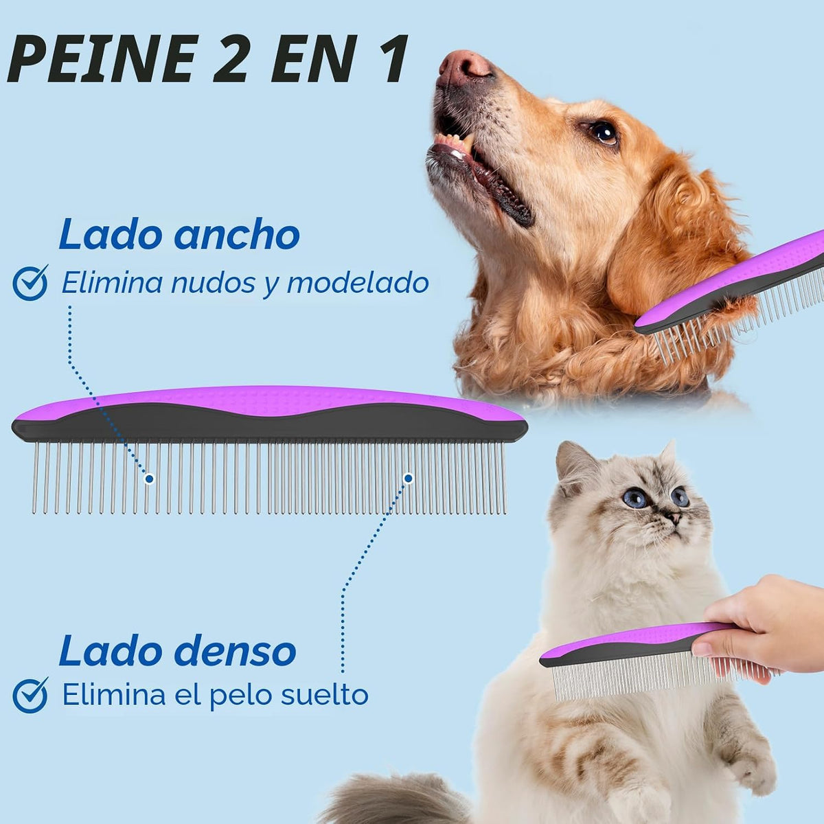 Docrok Combo de Cepillo de Aseo para Mascotas y Peine de Metal - Ra...