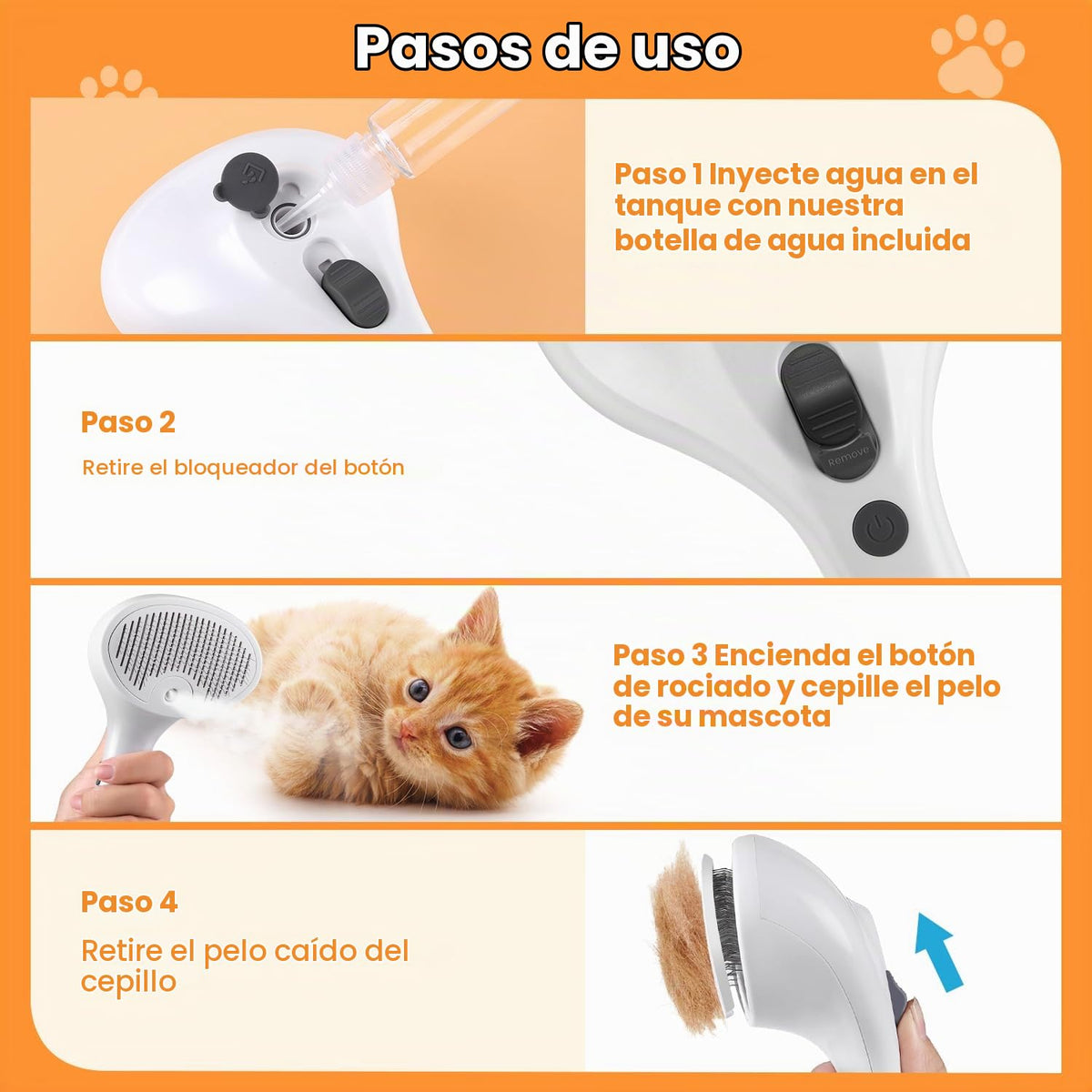 Cepillo de vapor para mascotas para perros y gatos, 4 en 1, cepillo...