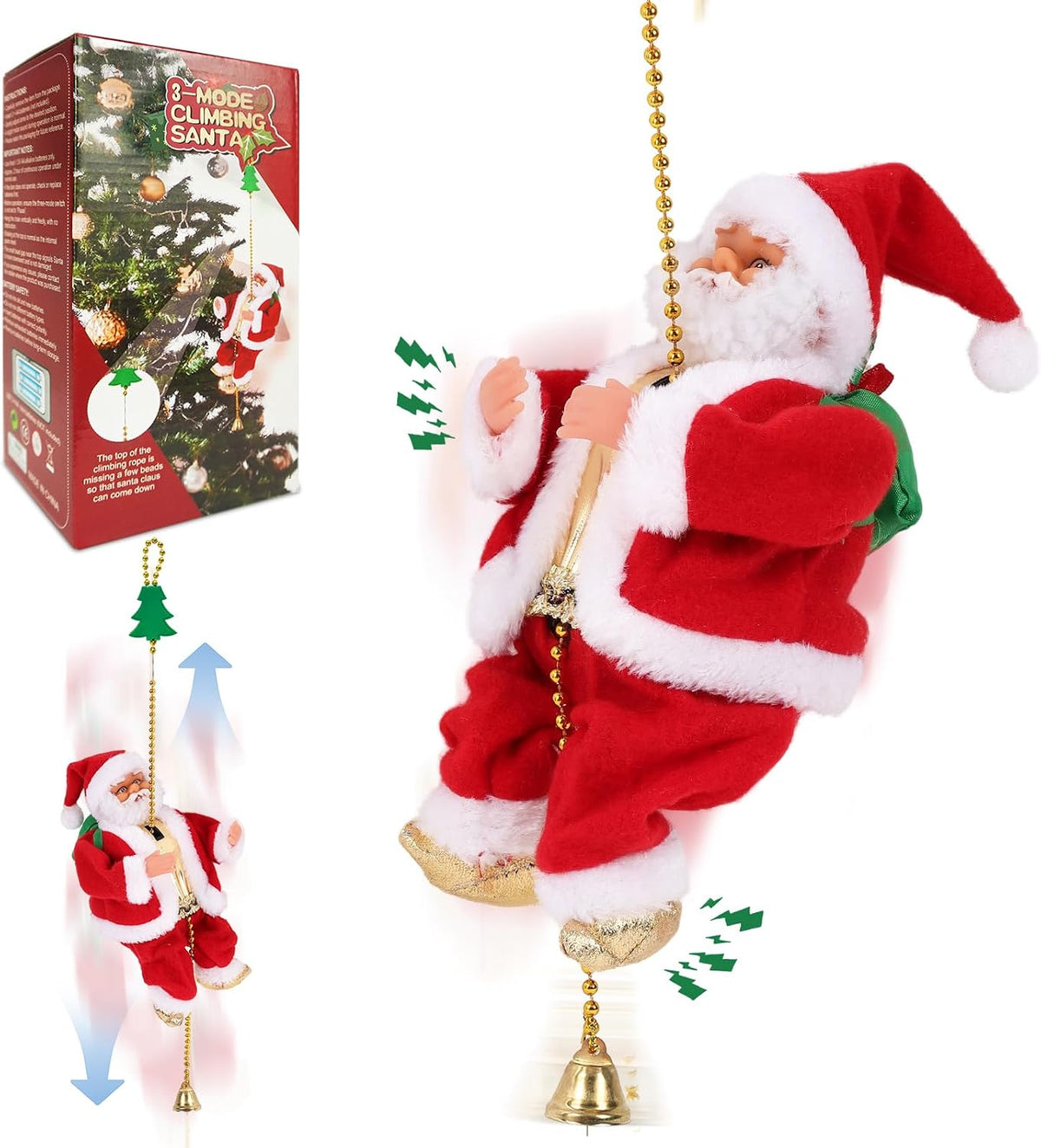 Gfilay Papá Noel trepador de 3 modos en cuerda, decoración musical...