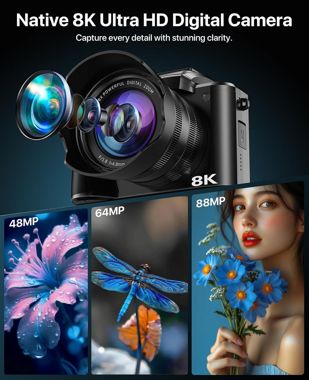 Cámaras digitales 8K para fotografía, enfoque automático 2026 88MP...