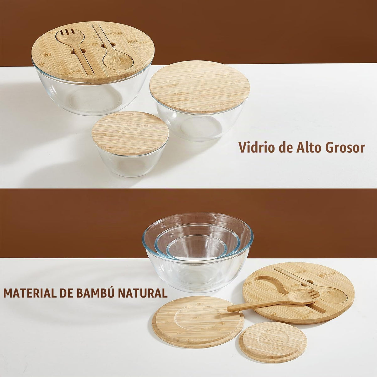 ECWAY Juego de 3 cuencos de vidrio para ensalada con tapas de bambú...