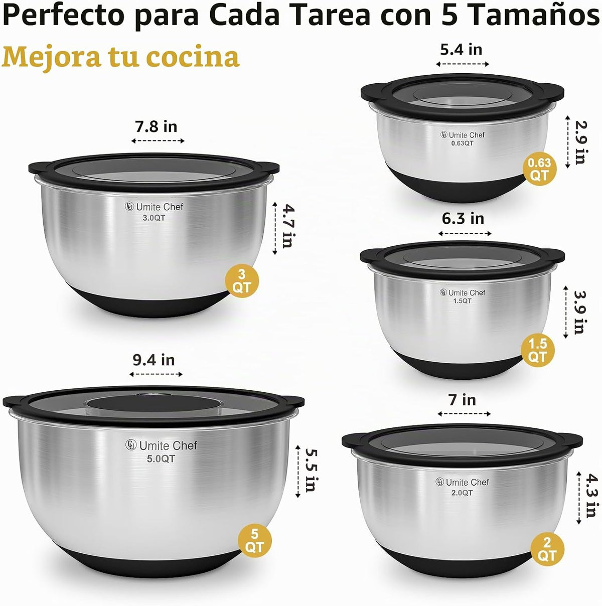 Juego de cuencos para mezclar con tapas - Tapas antideslizantes, he...